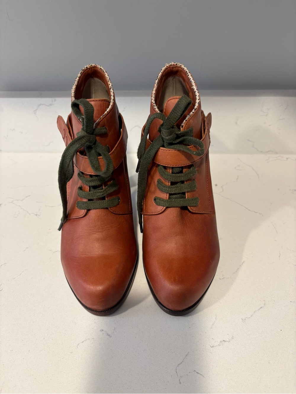 See by Chloe Cognac Leather Lace-Up High Heel Booties with Olive Laces